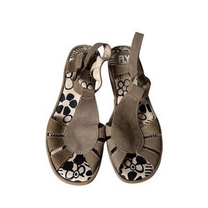 Fly London Low Wedge Slingback Sandals size 39 US 8 8.5 Taupe Open Toe